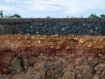 A cross-section of the soil beneath the ground, with layers in different textures and earth-toned colors.