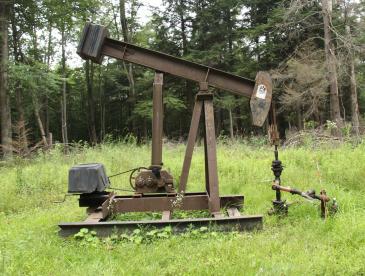 An orphaned oil well in a grassy overgrown field.